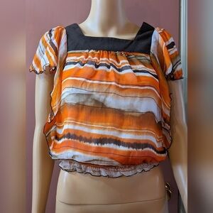 Pre-owned mymichelle multicolored brown and orange sheer shirt size medium, TE